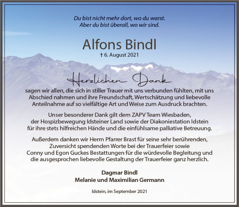  Traueranzeige für Alfons Bindl vom 25.09.2021 aus vrm-trauer