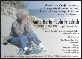 Traueranzeige von Anita Herta Paula Friedrich von vrm-trauer