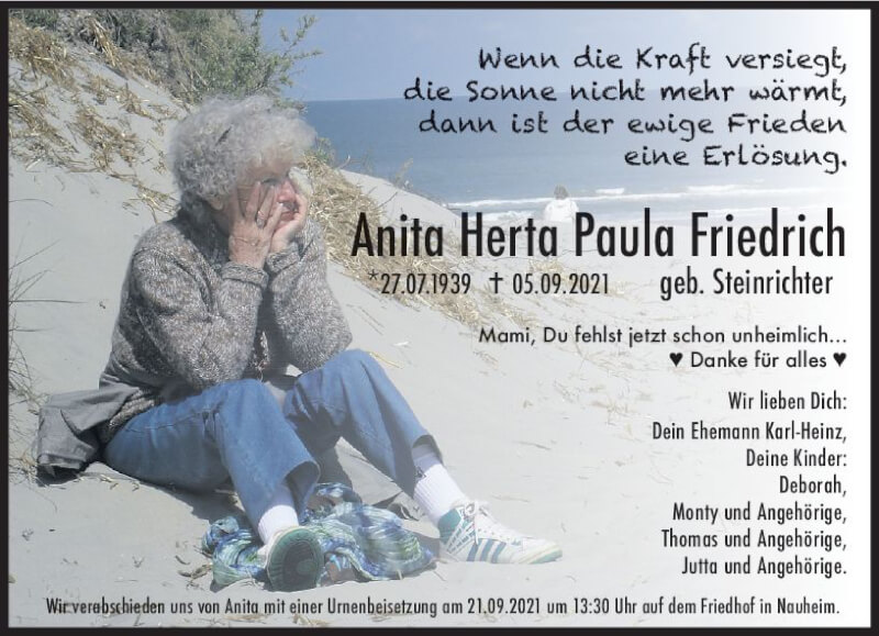 Traueranzeige für Anita Herta Paula Friedrich vom 18.09.2021 aus vrm-trauer