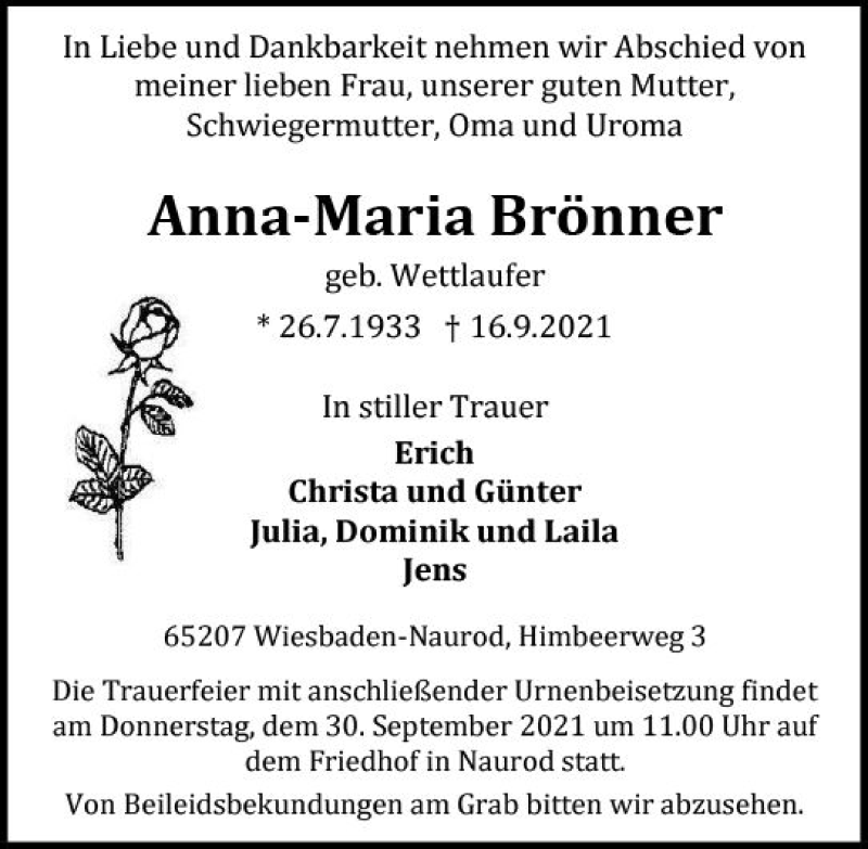  Traueranzeige für Anna-Maria Brönner vom 25.09.2021 aus vrm-trauer