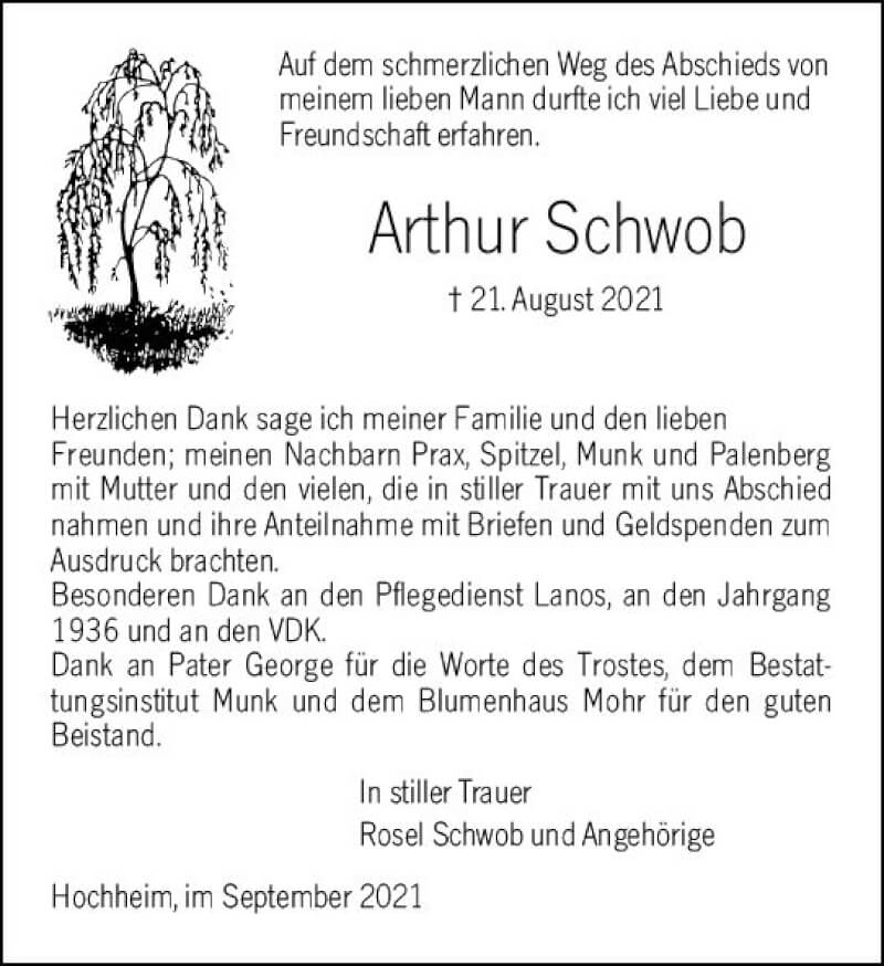  Traueranzeige für Arthur Schwob vom 17.09.2021 aus vrm-trauer