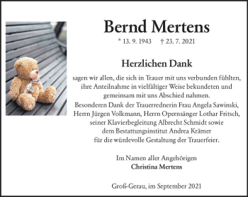 Traueranzeige von Bernd Mertens von vrm-trauer