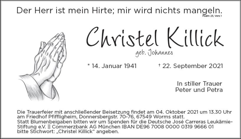  Traueranzeige für Christel Killick vom 29.09.2021 aus vrm-trauer