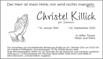 Traueranzeige von Christel Killick von vrm-trauer