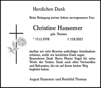 Traueranzeige von Christine Hassemer von vrm-trauer