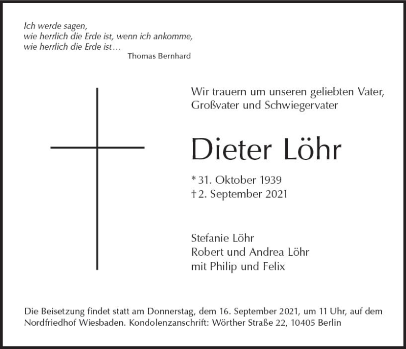  Traueranzeige für Dieter Löhr vom 11.09.2021 aus vrm-trauer