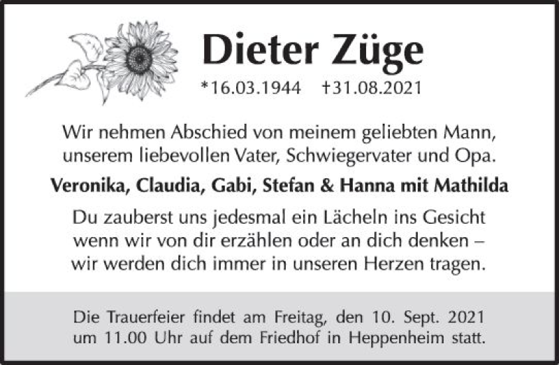  Traueranzeige für Dieter Züge vom 08.09.2021 aus vrm-trauer