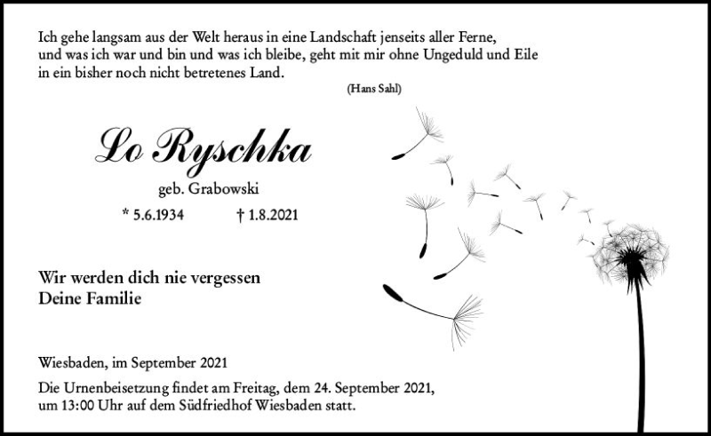  Traueranzeige für Eleonore Ryschka vom 04.09.2021 aus vrm-trauer