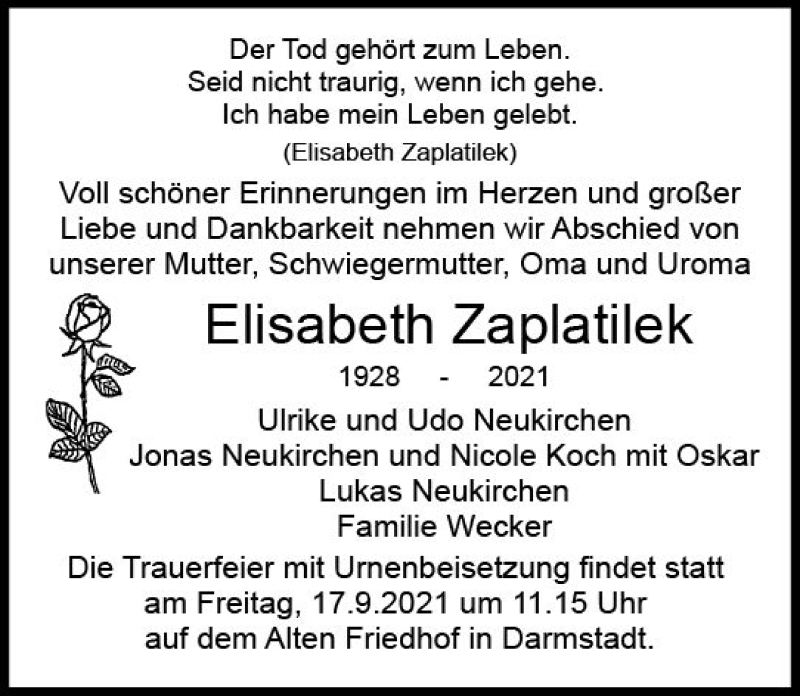  Traueranzeige für Elisabeth Zaplatilek vom 04.09.2021 aus vrm-trauer