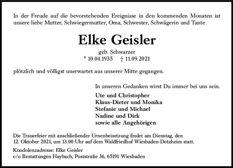  Traueranzeige für Elke Geisler vom 25.09.2021 aus vrm-trauer