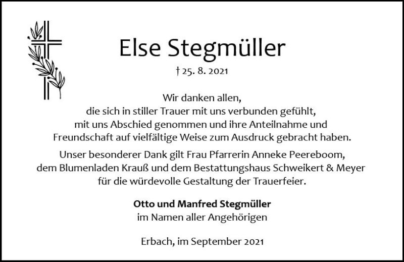  Traueranzeige für Else Stegmüller vom 25.09.2021 aus vrm-trauer