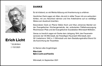 Traueranzeige von Erich Licht von vrm-trauer