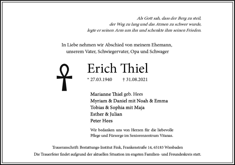  Traueranzeige für Erich Thiel vom 04.09.2021 aus vrm-trauer