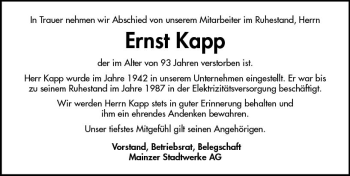 Traueranzeige von Ernst Kapp von vrm-trauer