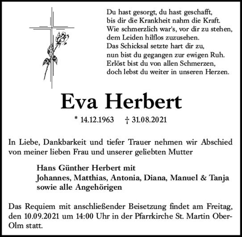  Traueranzeige für Eva Herbert vom 04.09.2021 aus vrm-trauer