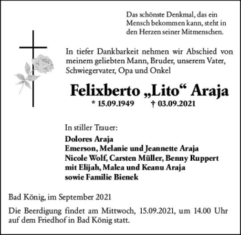 Traueranzeige von Felixberto Araja von vrm-trauer