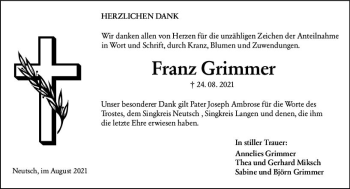 Traueranzeige von Franz Grimmer von vrm-trauer