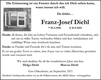 Traueranzeige von Franz-Josef Diehl von vrm-trauer