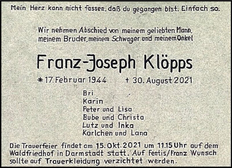  Traueranzeige für Franz-Josef Klöpps vom 18.09.2021 aus vrm-trauer