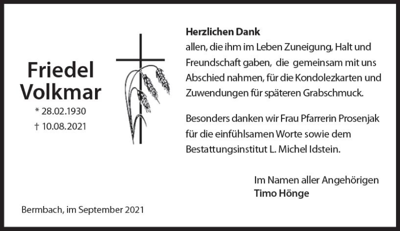  Traueranzeige für Friedel Volkmar vom 25.09.2021 aus vrm-trauer