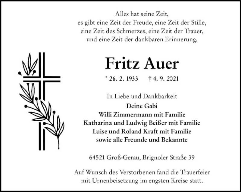  Traueranzeige für Fritz Auer vom 18.09.2021 aus vrm-trauer