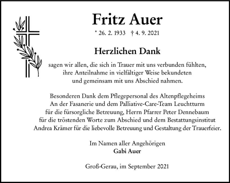  Traueranzeige für Fritz Auer vom 25.09.2021 aus vrm-trauer
