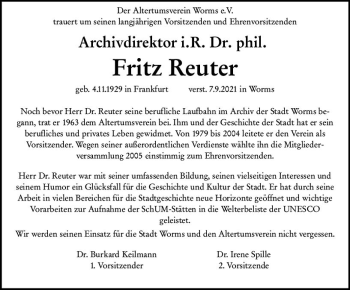 Traueranzeige von Fritz Reuter von vrm-trauer