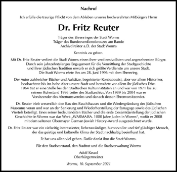 Traueranzeige von Fritz Reuter von vrm-trauer