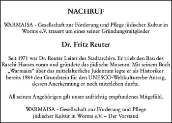 Traueranzeige von Fritz Reuter von vrm-trauer