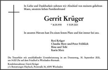 Traueranzeige von Gerrit Kruger von vrm-trauer