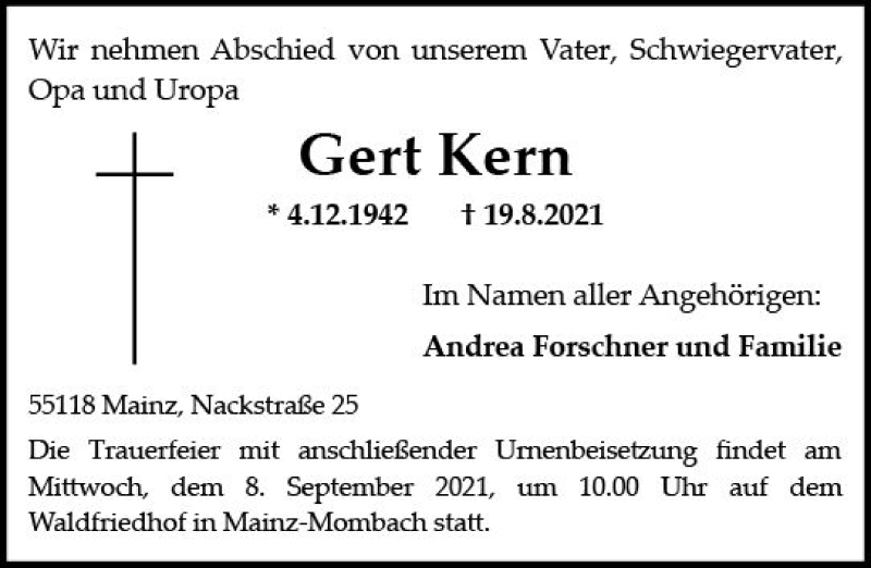  Traueranzeige für Gert Kern vom 04.09.2021 aus vrm-trauer