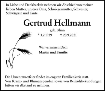 Traueranzeige von Gertrud Hellmann von vrm-trauer