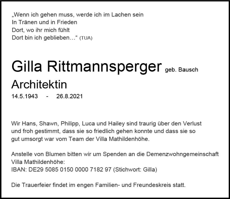  Traueranzeige für Gilla Rittmannsperger vom 04.09.2021 aus vrm-trauer