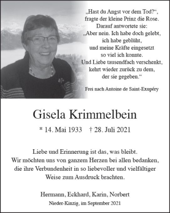 Traueranzeige von Gisela Krimmelbein von vrm-trauer