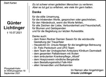Traueranzeige von Günter Lichtinger von vrm-trauer