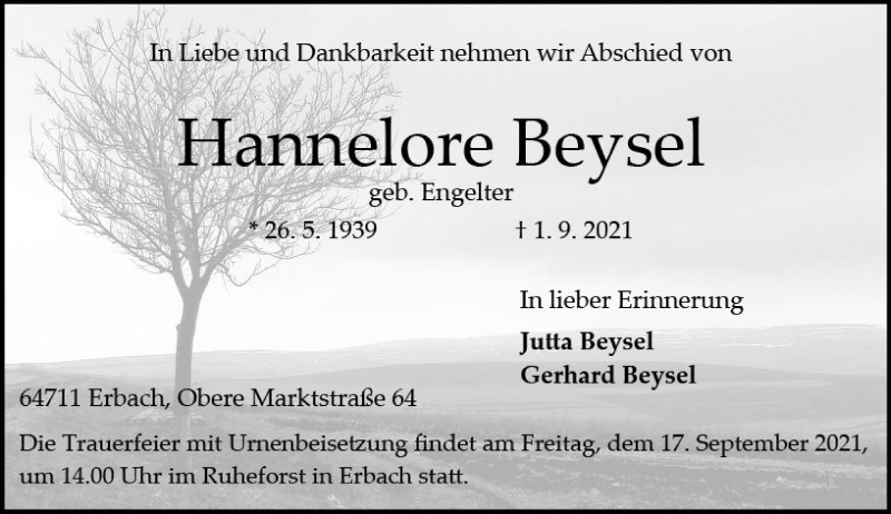  Traueranzeige für Hannelore Beysel vom 11.09.2021 aus vrm-trauer