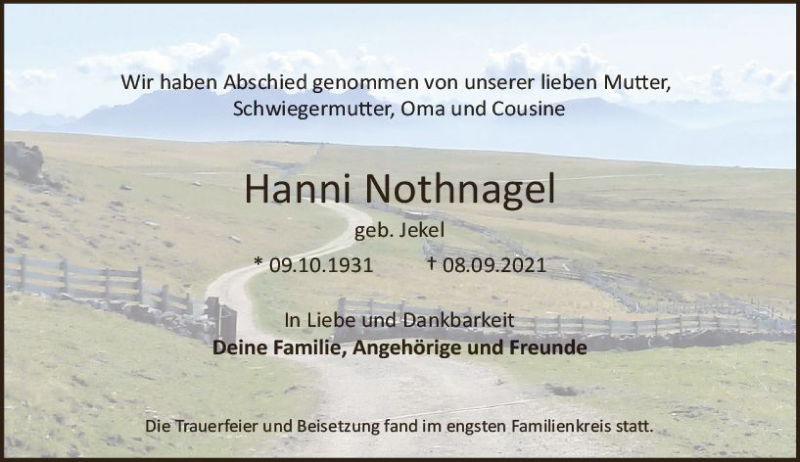  Traueranzeige für Hanni Nothnagel vom 25.09.2021 aus vrm-trauer