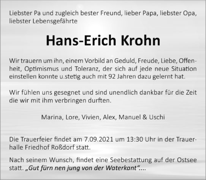  Traueranzeige für Hans-Erich Krohn vom 07.09.2021 aus vrm-trauer