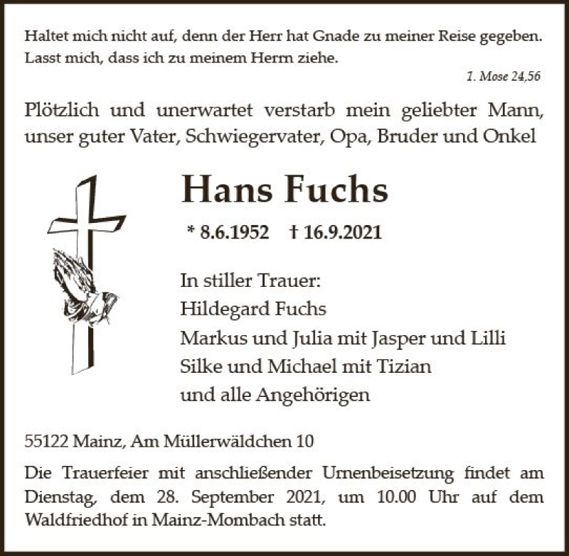  Traueranzeige für Hans Fuchs vom 25.09.2021 aus vrm-trauer