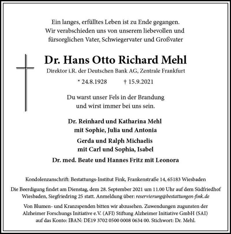  Traueranzeige für Hans Otto Richard Mehl vom 22.09.2021 aus vrm-trauer