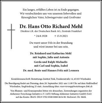Traueranzeige von Hans Otto Richard Mehl von vrm-trauer