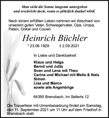 Traueranzeige von Heinrich Büchler von vrm-trauer