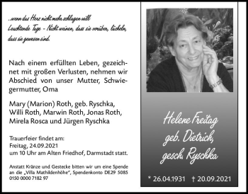 Traueranzeige von Helene Freitag von vrm-trauer