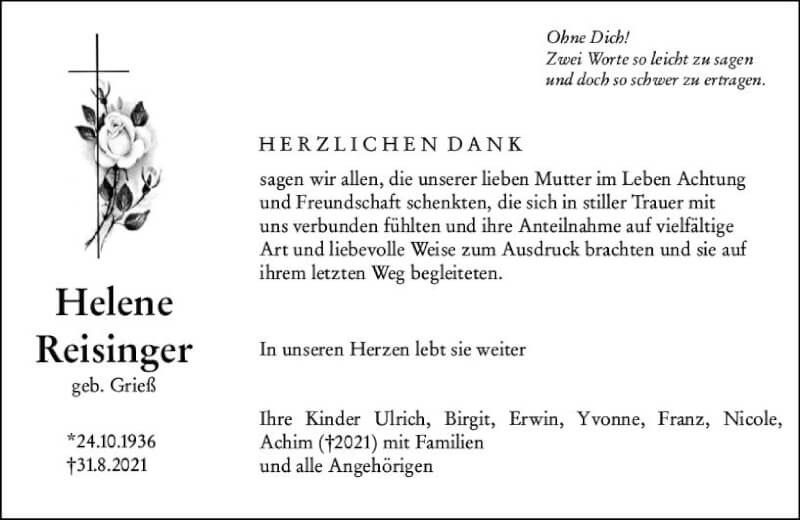  Traueranzeige für Helene Reisinger vom 17.09.2021 aus vrm-trauer