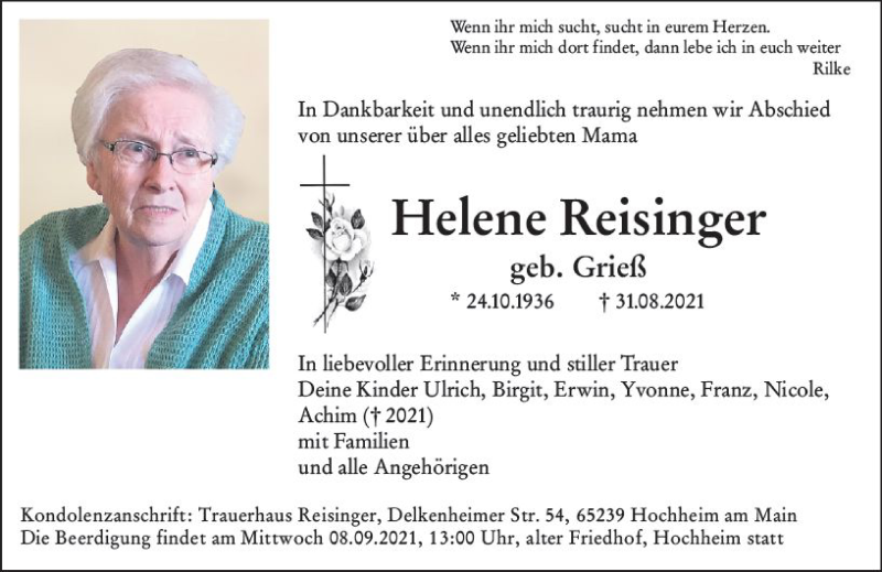  Traueranzeige für Helene Reisinger vom 03.09.2021 aus vrm-trauer