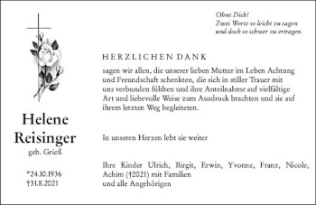Traueranzeige von Helene Reisinger von vrm-trauer