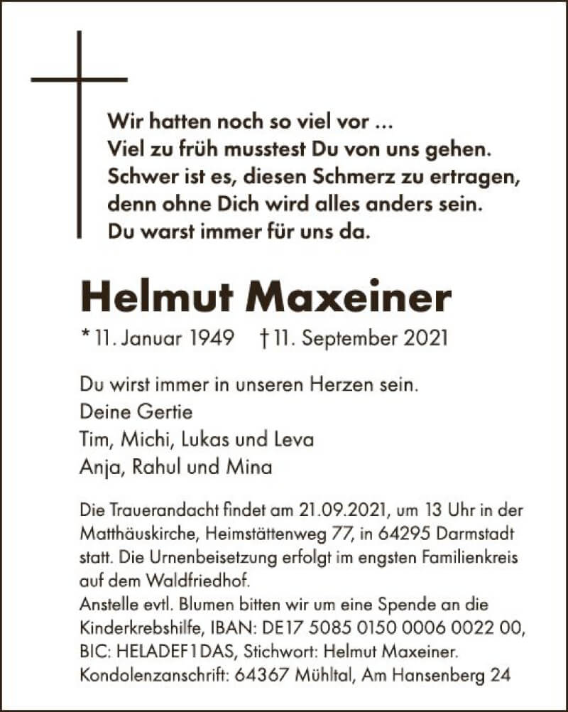  Traueranzeige für Helmut Maxeiner vom 18.09.2021 aus vrm-trauer