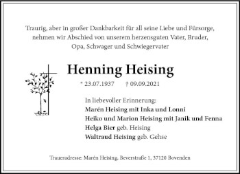 Traueranzeige von Henning Heising von vrm-trauer