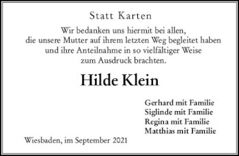 Traueranzeige von Hilde Klein von vrm-trauer