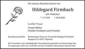 Traueranzeige von Hildegard Firmbach von vrm-trauer